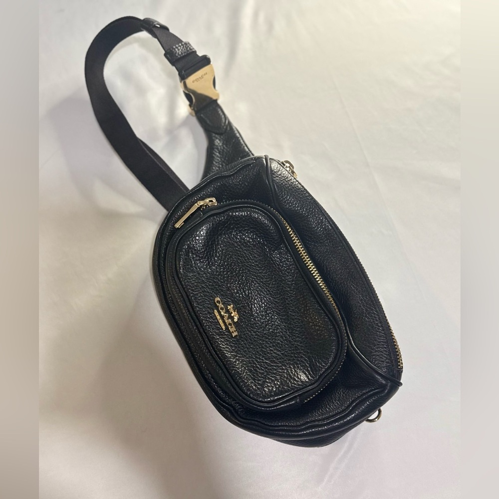 Coach Black Leather Belt Bag with Gold Accents